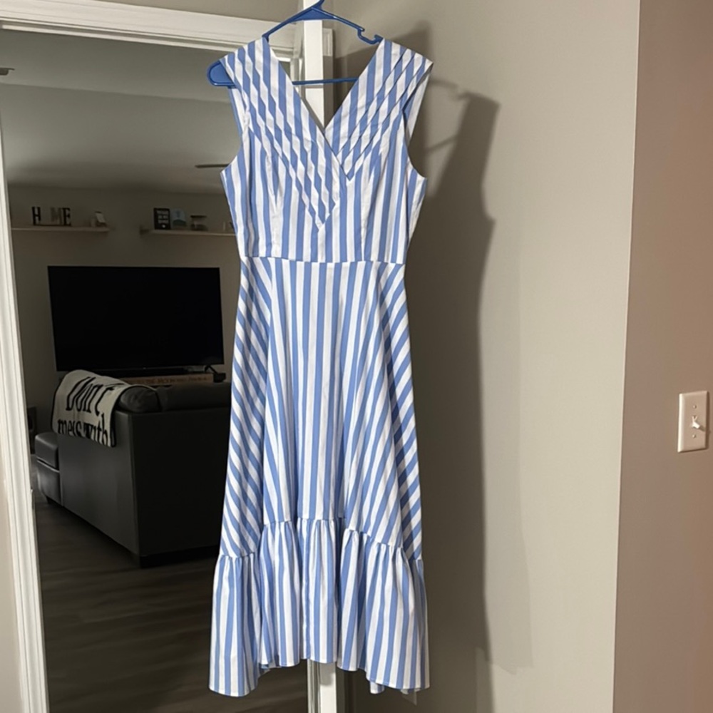 PATTY KIM Blue and White Sleeveless V-Neck Midi Dress